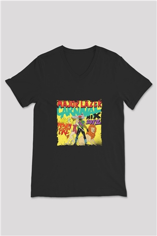 Major Lazer Baskılı Unisex Siyah V Yaka Tişört