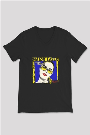 Major Lazer Baskılı Unisex Siyah V Yaka Tişört