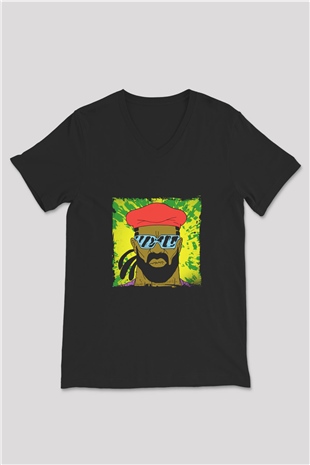 Major Lazer Baskılı Unisex Siyah V Yaka Tişört