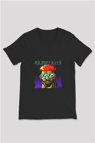 Major Lazer Baskılı Unisex Siyah V Yaka Tişört