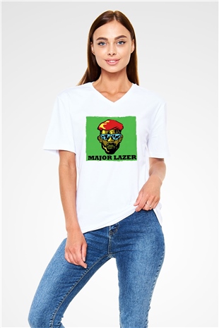 Major Lazer Beyaz Unisex V Yaka Tişört