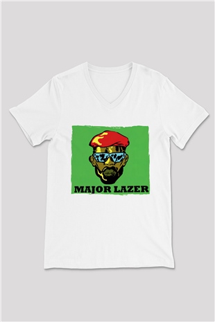 Major Lazer Beyaz Unisex V Yaka Tişört