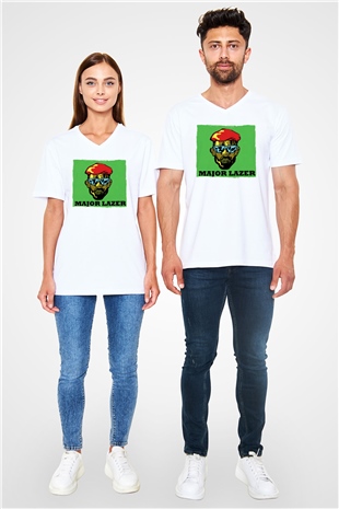 Major Lazer Beyaz Unisex V Yaka Tişört