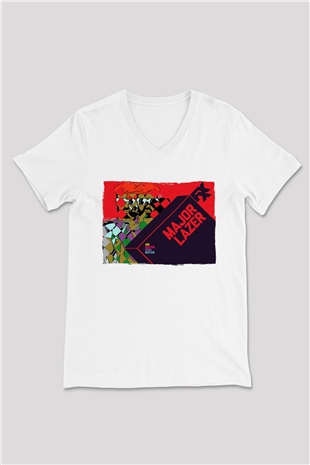 Major Lazer Beyaz Unisex V Yaka Tişört