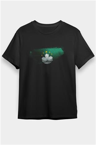 Makao - Macau Bayrağı Baskılı Unisex Siyah Tişört