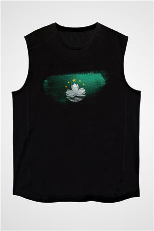 Makao - Macau Bayrağı Baskılı Unisex Siyah Kolsuz Tişört
