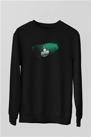 Makao - Macau Bayrağı Baskılı Unisex Siyah Sweatshirt