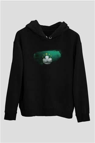 Makao - Macau Bayrağı Baskılı Unisex Siyah Kapüşonlu Sweatshirt