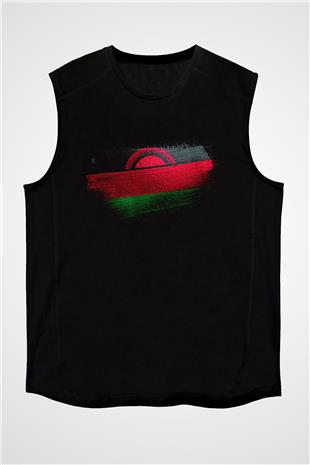 Malavi - Malawi Bayrağı Baskılı Unisex Siyah Kolsuz Tişört