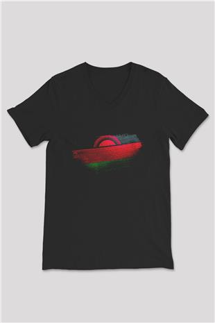 Malavi - Malawi Bayrağı Baskılı Unisex Siyah V Yaka Tişört