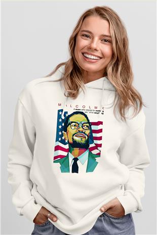 Malcolm X James Baskılı Beyaz Unisex Kapüşonlu Sweatshirt