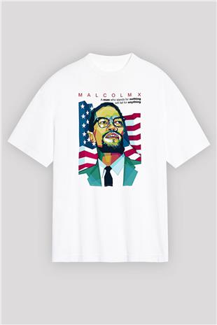Malcolm X James Baskılı Beyaz Unisex Oversize Tişört - Tshirt