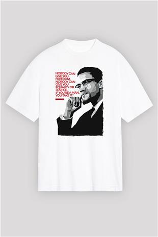 Malcolm X James Baskılı Beyaz Unisex Oversize Tişört - Tshirt