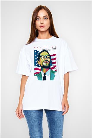 Malcolm X James Baskılı Beyaz Unisex Oversize Tişört - Tshirt
