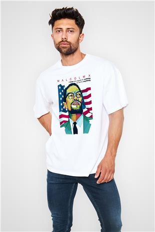 Malcolm X James Baskılı Beyaz Unisex Oversize Tişört - Tshirt