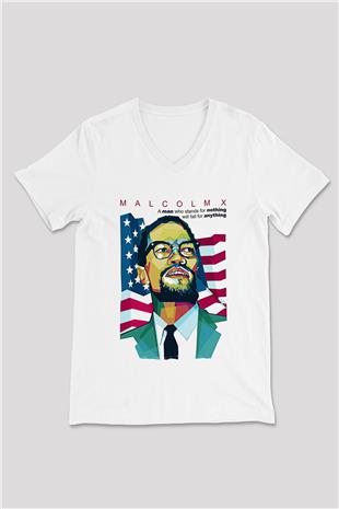 Malcolm X James Baskılı Beyaz Unisex V Yaka Tişört - Tshirt
