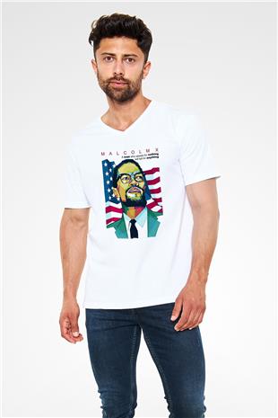 Malcolm X James Baskılı Beyaz Unisex V Yaka Tişört - Tshirt