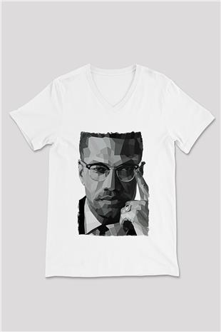 Malcolm X James Baskılı Beyaz Unisex V Yaka Tişört - Tshirt