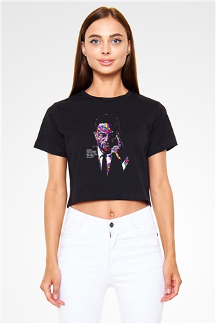 Malcolm X James Baskılı Siyah Crop Top Kadın Tişört - Tshirt