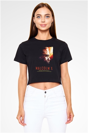 Malcolm X James Baskılı Siyah Crop Top Kadın Tişört - Tshirt
