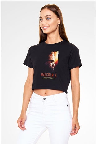 Malcolm X James Baskılı Siyah Crop Top Kadın Tişört - Tshirt