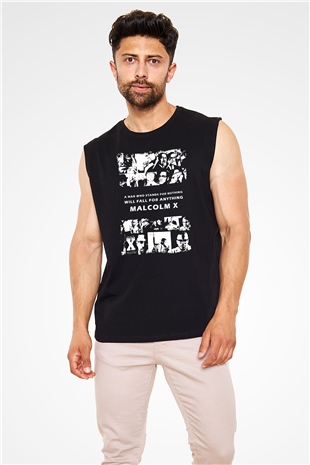 Malcolm X James Baskılı Unisex Siyah Kolsuz Tişört - Tshirt