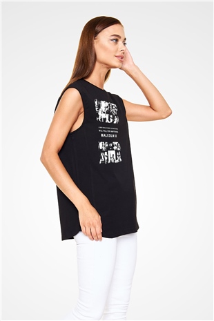 Malcolm X James Baskılı Unisex Siyah Kolsuz Tişört - Tshirt
