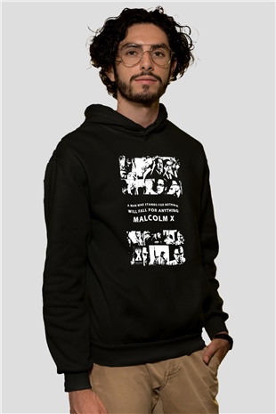 Malcolm X James Baskılı Unisex Siyah Kapüşonlu Sweatshirt