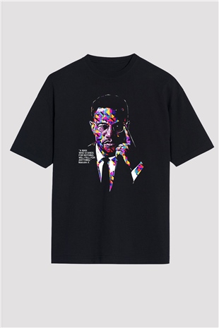 Malcolm X James Baskılı Unisex Siyah Oversize Tişört - Tshirt