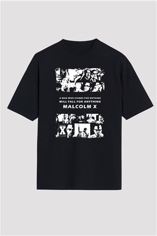 Malcolm X James Baskılı Unisex Siyah Oversize Tişört - Tshirt