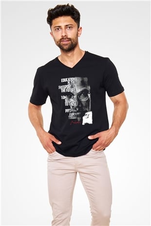 Malcolm X James Baskılı Unisex Siyah V Yaka Tişört - Tshirt