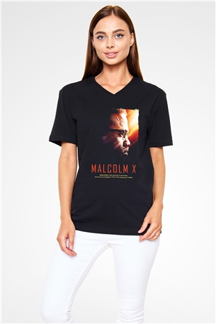Malcolm X James Baskılı Unisex Siyah V Yaka Tişört - Tshirt