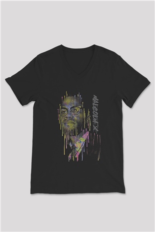 Malcolm X James Baskılı Unisex Siyah V Yaka Tişört - Tshirt