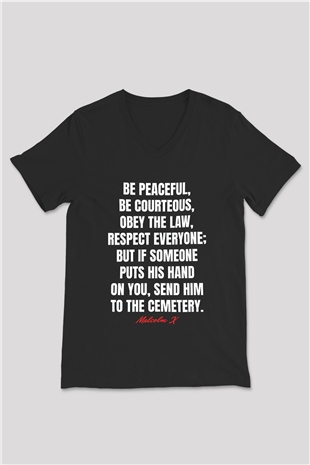Malcolm X James Baskılı Unisex Siyah V Yaka Tişört - Tshirt