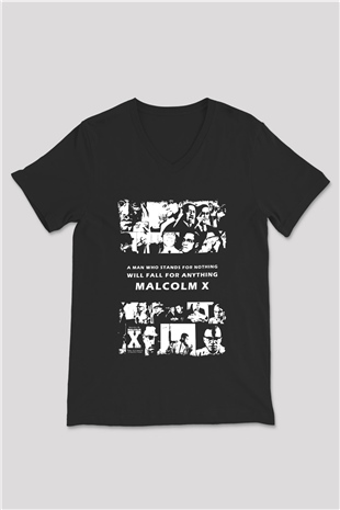 Malcolm X James Baskılı Unisex Siyah V Yaka Tişört - Tshirt