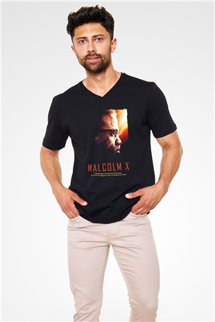 Malcolm X James Baskılı Unisex Siyah V Yaka Tişört - Tshirt
