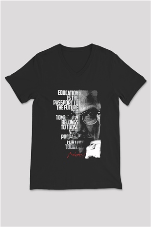 Malcolm X James Baskılı Unisex Siyah V Yaka Tişört - Tshirt
