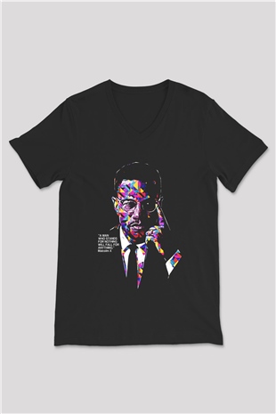 Malcolm X James Baskılı Unisex Siyah V Yaka Tişört - Tshirt