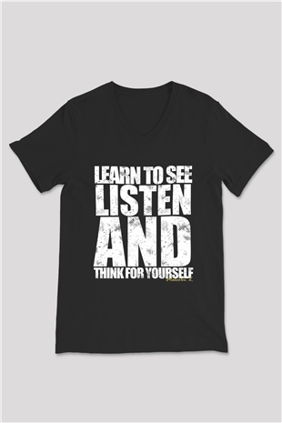 Malcolm X James Baskılı Unisex Siyah V Yaka Tişört - Tshirt