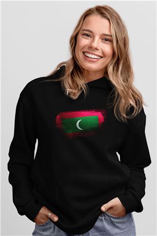Maldivler - Maldives Bayrağı Baskılı Unisex Siyah Kapüşonlu Sweatshirt