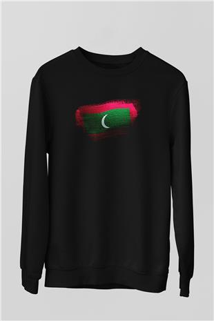 Maldivler - Maldives Bayrağı Baskılı Unisex Siyah Sweatshirt