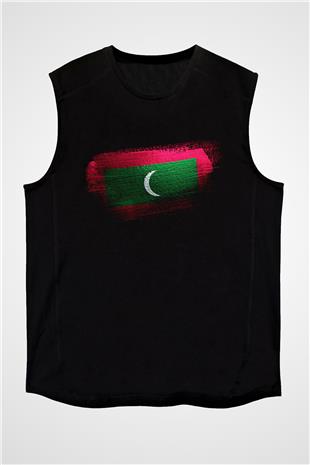 Maldivler - Maldives Bayrağı Baskılı Unisex Siyah Kolsuz Tişört