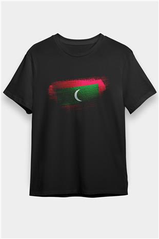 Maldivler - Maldives Bayrağı Baskılı Unisex Siyah Tişört