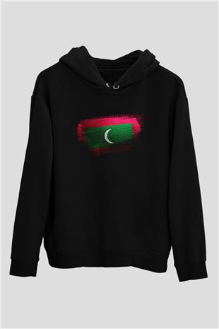 Maldivler - Maldives Bayrağı Baskılı Unisex Siyah Kapüşonlu Sweatshirt