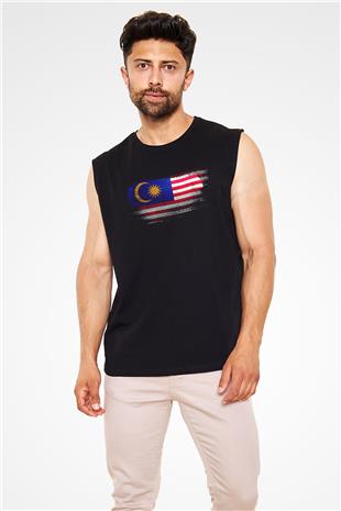 Malezya - Malaysia Bayrağı Baskılı Unisex Siyah Kolsuz Tişört