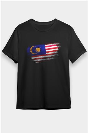 Malezya - Malaysia Bayrağı Baskılı Unisex Siyah Tişört