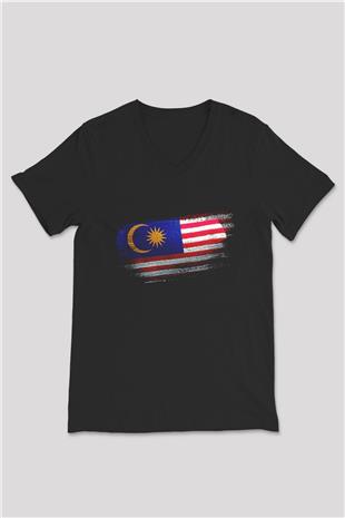 Malezya - Malaysia Bayrağı Baskılı Unisex Siyah V Yaka Tişört