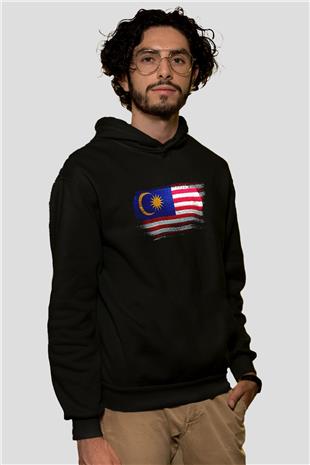Malezya - Malaysia Bayrağı Baskılı Unisex Siyah Kapüşonlu Sweatshirt