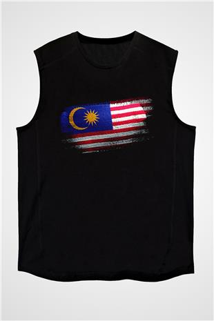 Malezya - Malaysia Bayrağı Baskılı Unisex Siyah Kolsuz Tişört