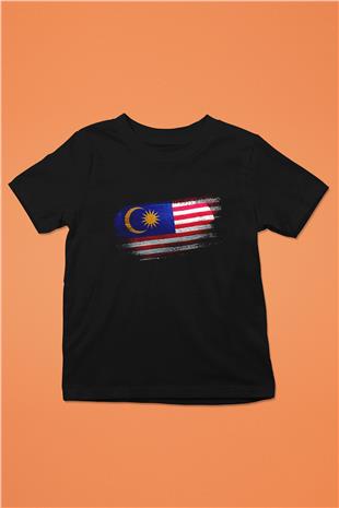 Malezya - Malaysia Bayrağı Baskılı Unisex Siyah Çocuk Tişörtü